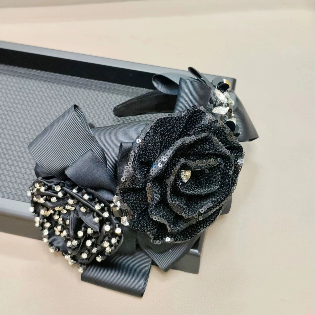 اليدوية الأبيض الأسود روز زهرة عصابات الشعر بوهو تاج رباطات للنساء الفتيات الزفاف إكسسوارات الشعر بالجملة #3