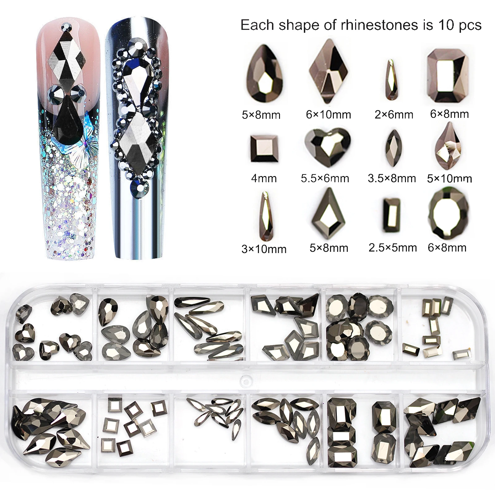 

12Girds 120pcs Hematite Mixed Shapes Rhinestones Flatback Nail Parts Crystal Diamond Gems 3D Glitter SW Nail Art Decorations