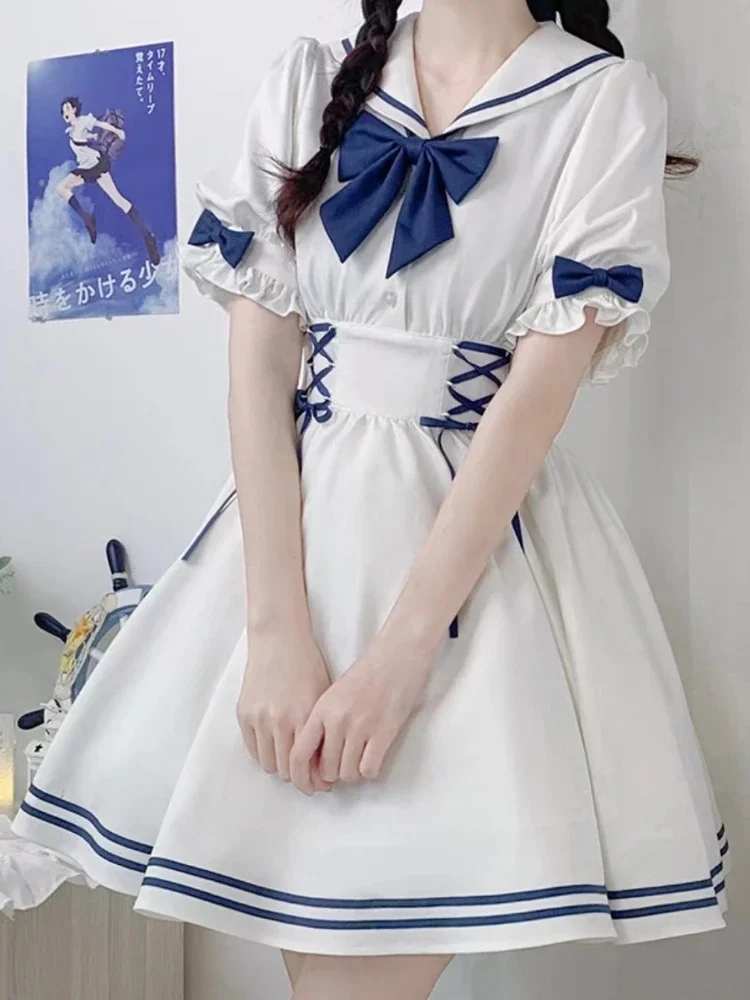 White Japanese Lolita Kawaii Mini Dress Women Bow College Style Sweet Dress Female Naval Leader Korea Elegant Dress Summer 2023