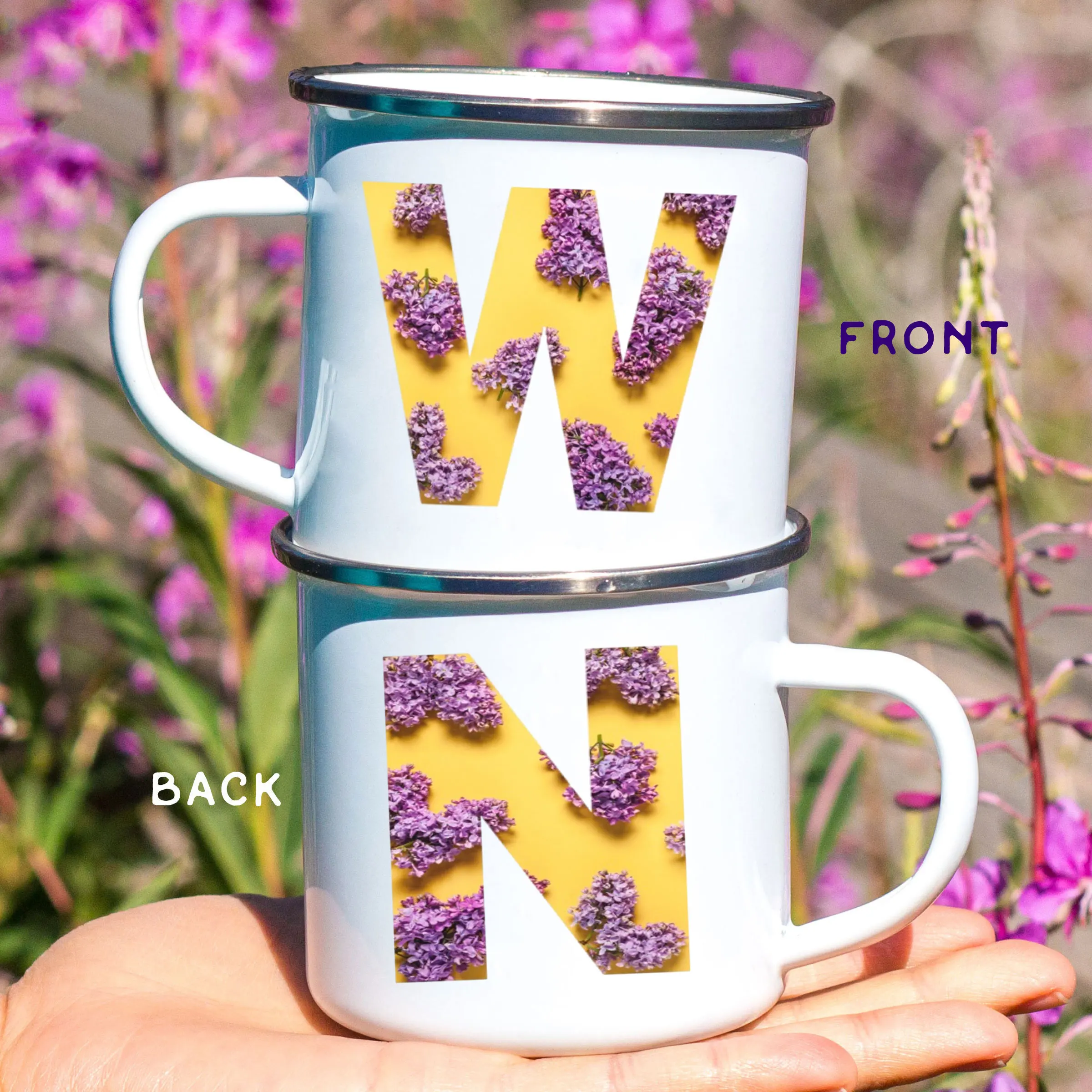 Initial Lavender Mugs Cute English Alphabet Enamel Coffee Mug With Handle Milk Wine Beer Drink Juice Cup Gifts for Women