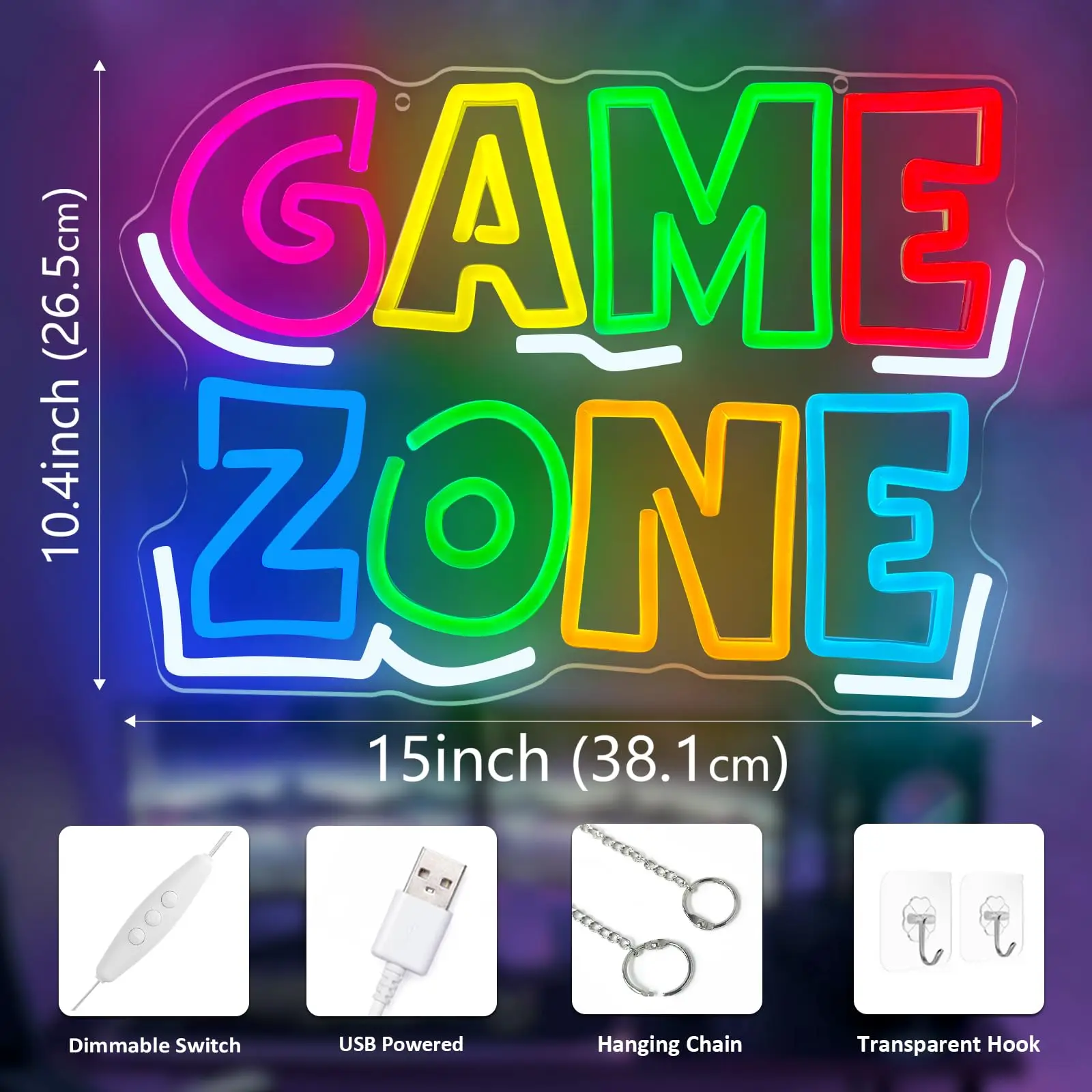 GAME ZONE Neon Sign Night Light with Dimmer, Game Room Accessories and Decor for Boys, Gift for Boys Teens Kids Gamers