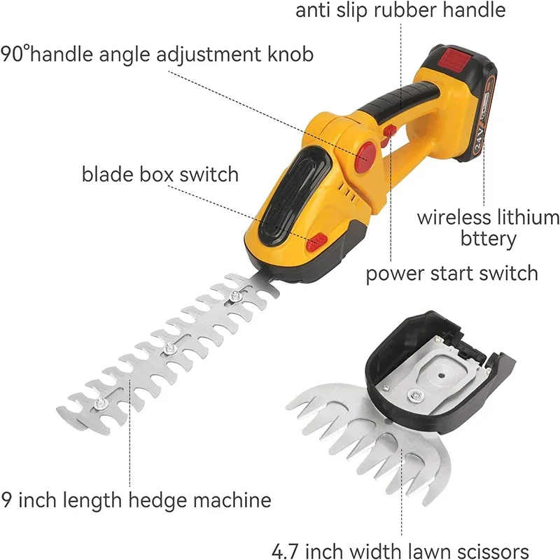 Elektrischer Heckenschere, 2-in-1-Hand-Akku-Grasschneider, 24 V, elektrischer Unkraut-Gras-Shrubber-Trimmer für Garten-Rasenmäher