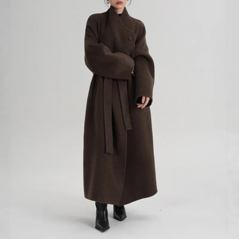 EAEOVNI معطف طويل أنيق من الصوف للنساء موضة الوقوف طوق بلون حزام متجمع الخصر الشتاء مزاجه سترة 2026 جديد #1
