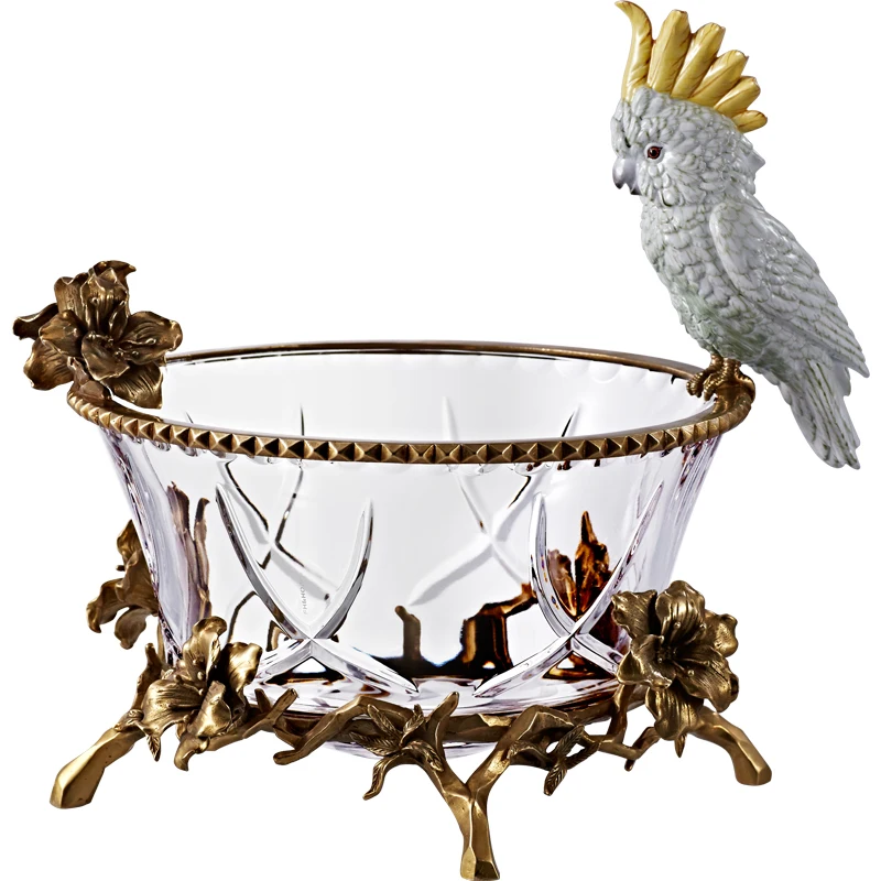 

European crystal glass yellow-crowned parrot fruit plate, tall copper base, large open copper-rimmed fruit plate basin.