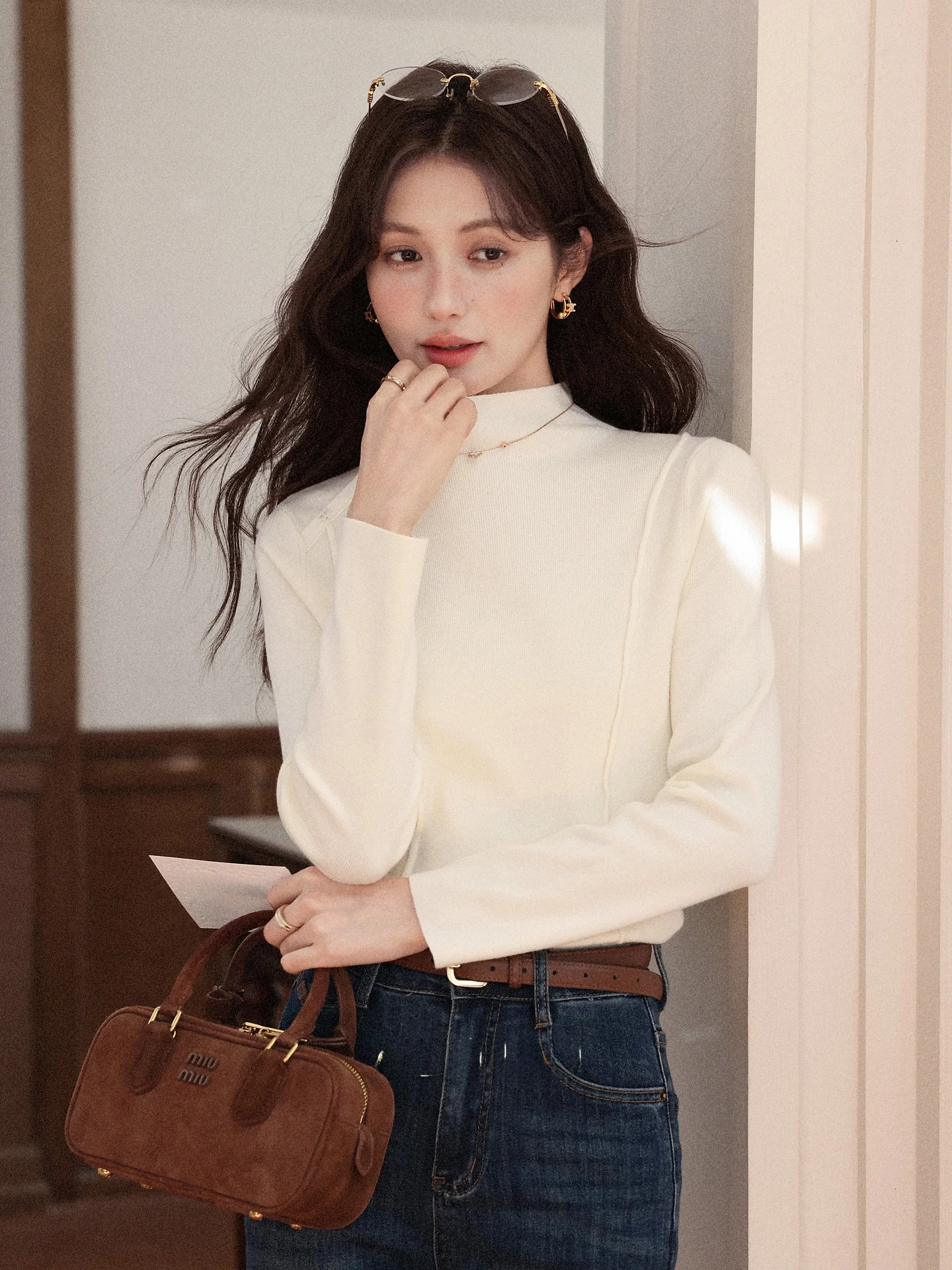 

South Deer f High Collar Almond Knitted Sweater Women's Slim Fit Base Layer irt Autumn Winter Warm Base irt Top