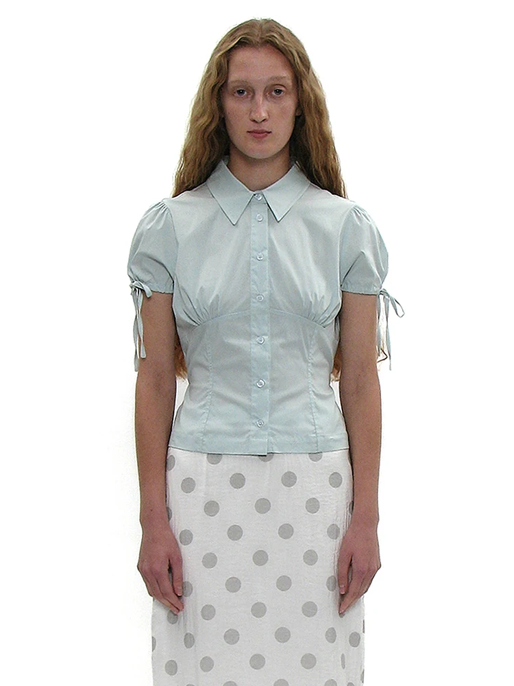

Partimento Short Knot Shirt Women's Slim Fit Bubble Sleeve Turn-down Collar Waist-cinched Cotton Blend Shirt