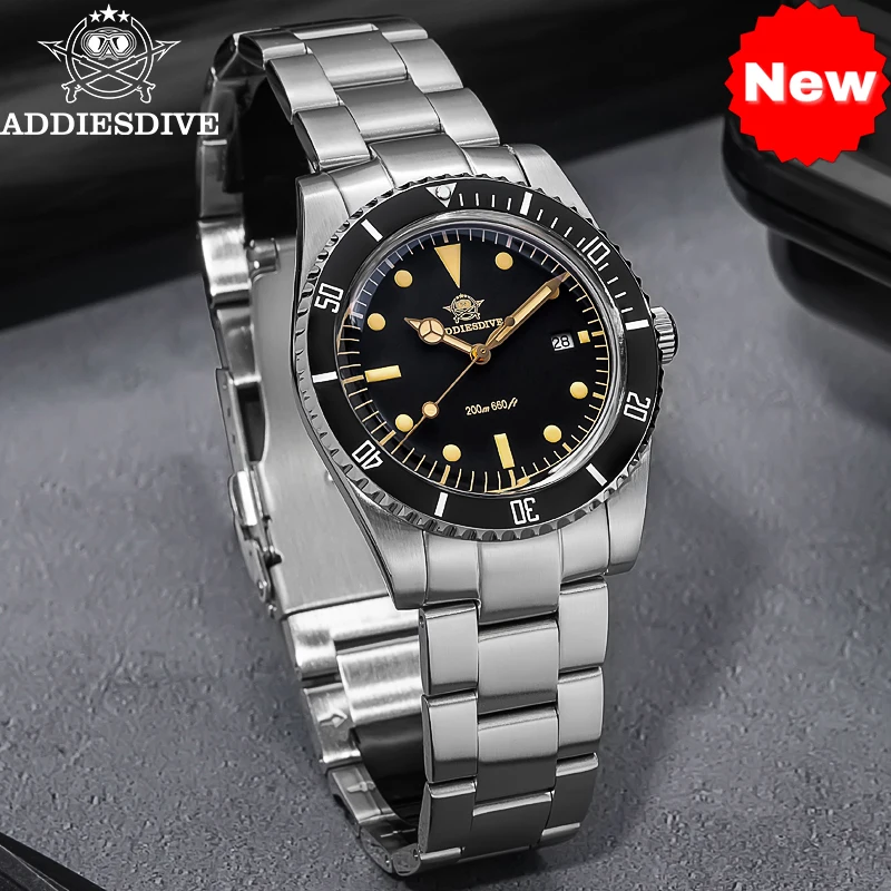 

ADDIESDIVE 2024 New Watch For Men 316L Stainless Steel 20Bar Diver Matte Black Vintage Luminous Men's Quartz Watch AD2072