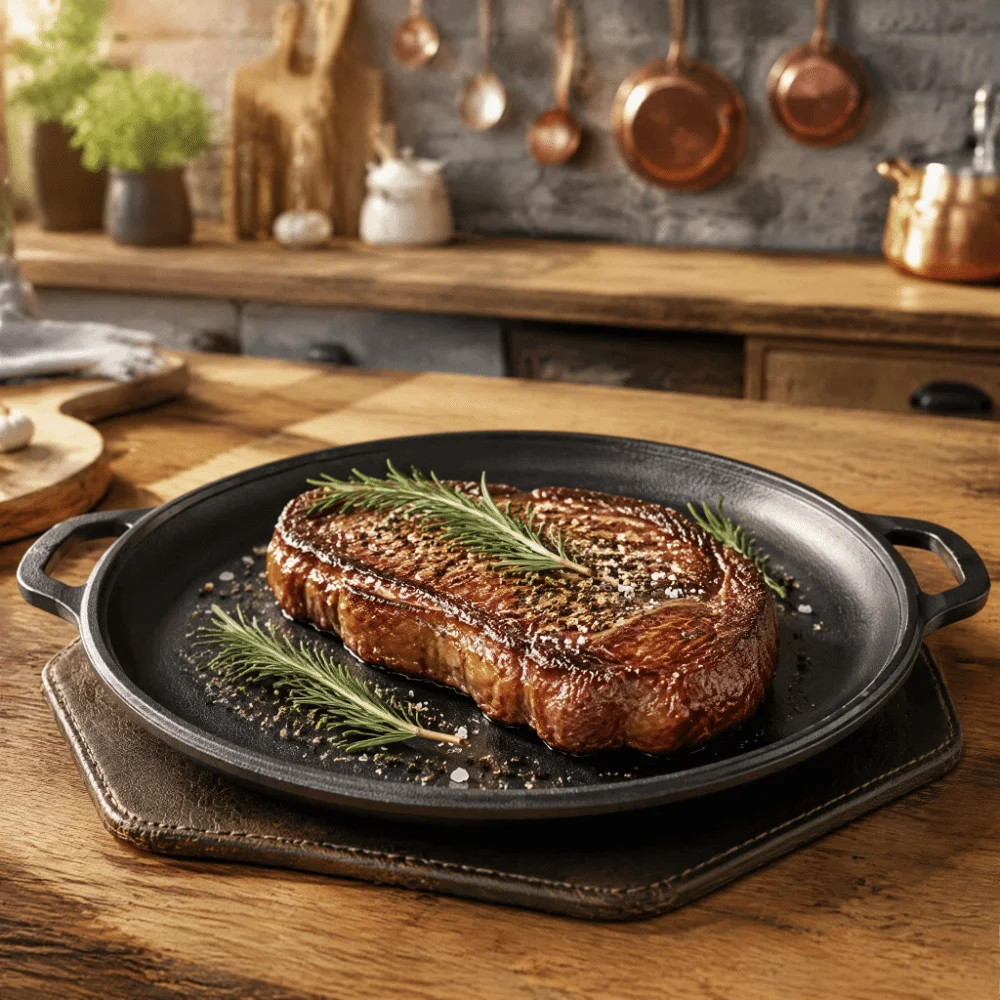 Practical Cast Iron Cast Iron Skillet Black Double Loop Handles Pizza Pan Even Heating Round Shape Frying Pan Kitchen Cookware