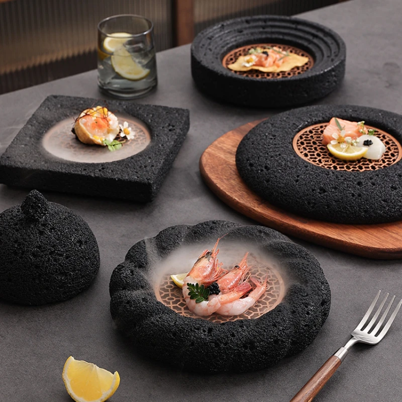 Creative Volcano Stone Plate Japanese Hotel Tableware Sushi Set Plate Circular Steak Plate Dining Plate Black Plate