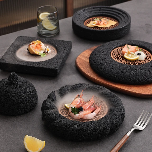 Plato de piedra volcanica creativa vajilla japonesa para Hotel juego de Sushi plato Circular para carne plato de comedor negro AliExpress