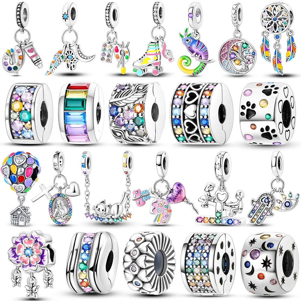 Silver Plated Colorful Palette Flower Dream Net Chameleon Charm Fit Original Pandora Beads Dangle Bracelet DIY Women Jewelry