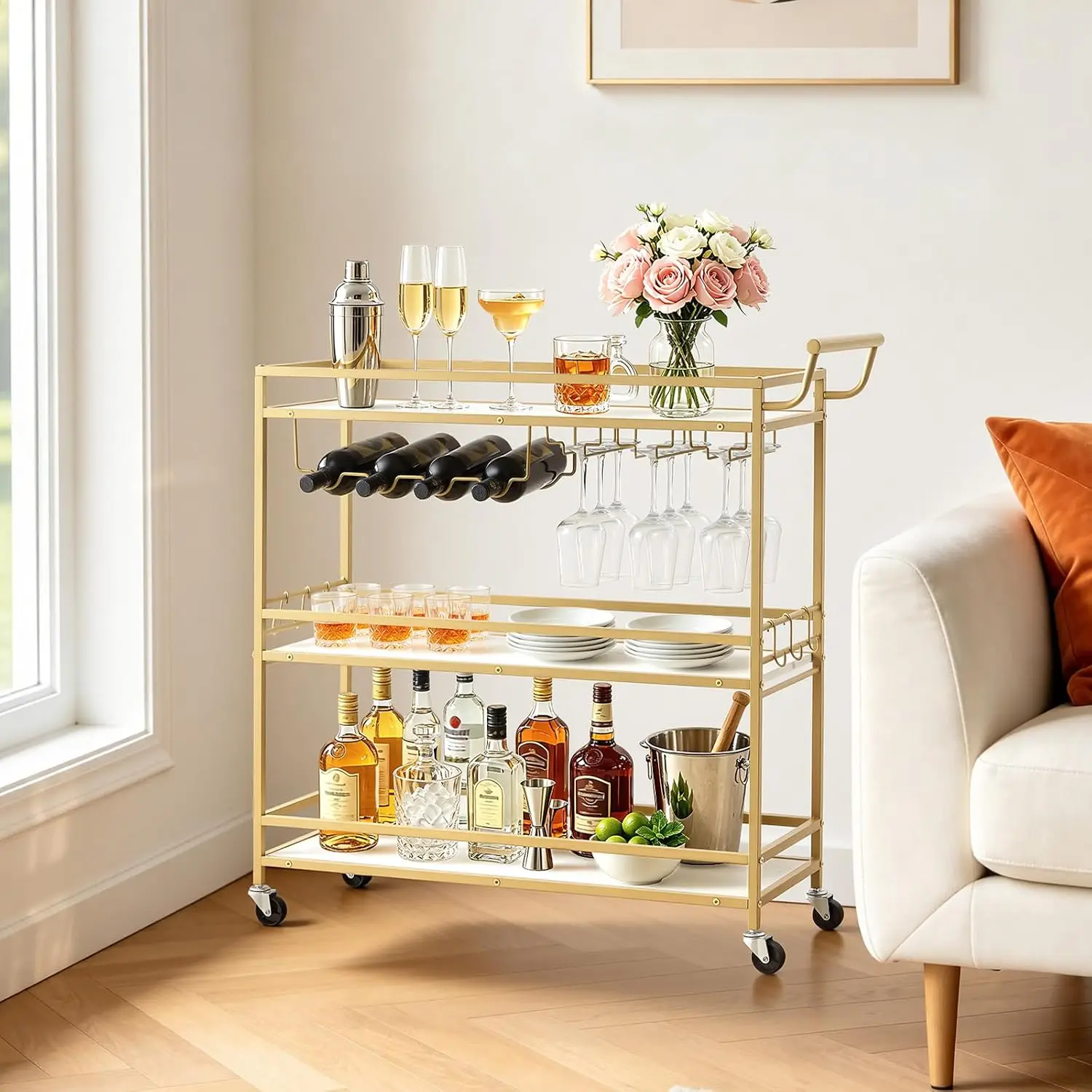 Bar Cart, 3 Tiers Home Kitchen Serving Carts, Modern Rolling Utility Station on Wheels, Mobile Drink Beverage Trolley with Woode