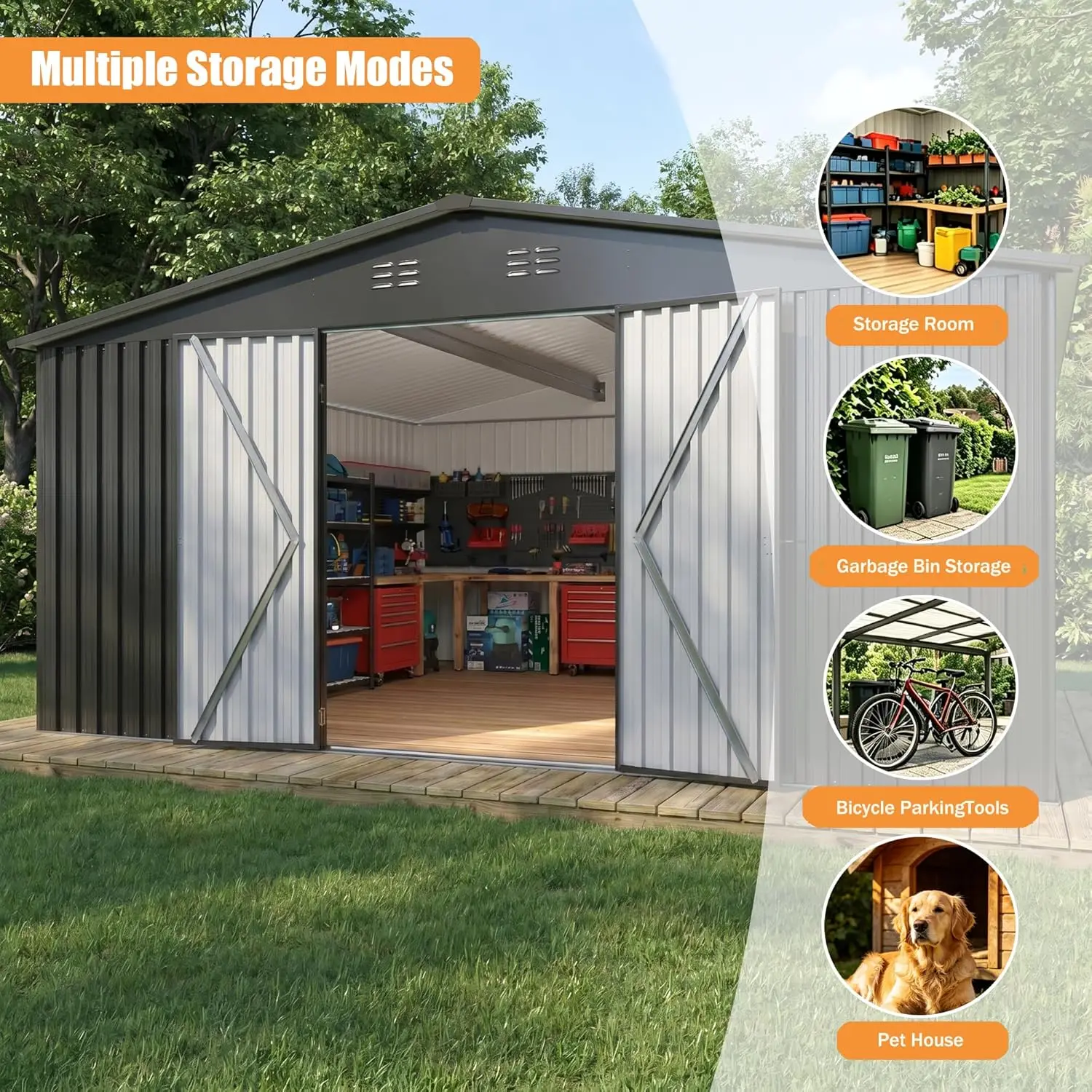 14x12 FT Outdoor Storage Shed, Metal Garden Shed with Lockable Door & Sloped Roof, Large Waterproof Utility Tool Shed, Custom image 6