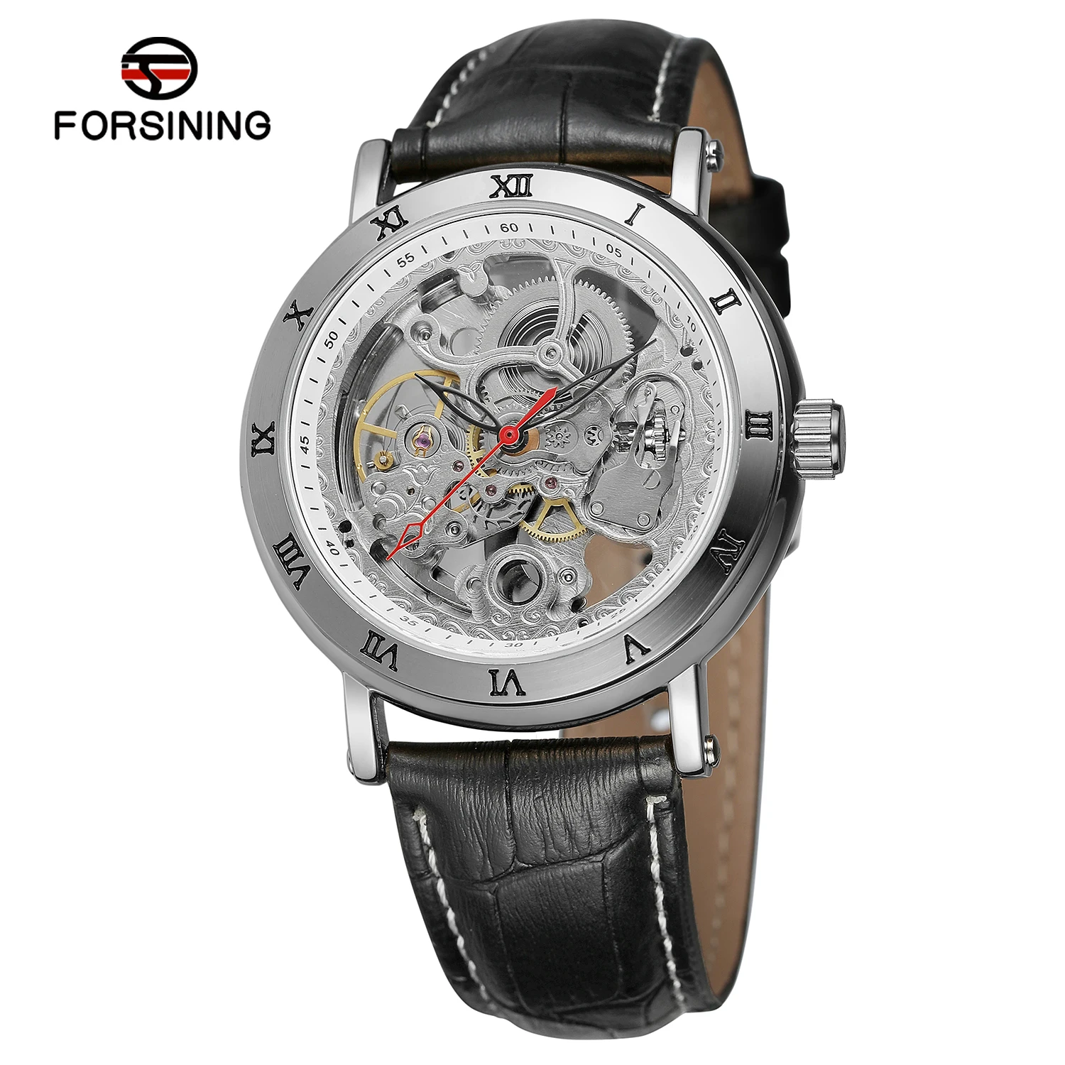 

FORSINING Fashion Business Men Skeleton Automatic Mechanical Watches Silvery Roman Numeral Case Leather Strap Classic Wristwatch