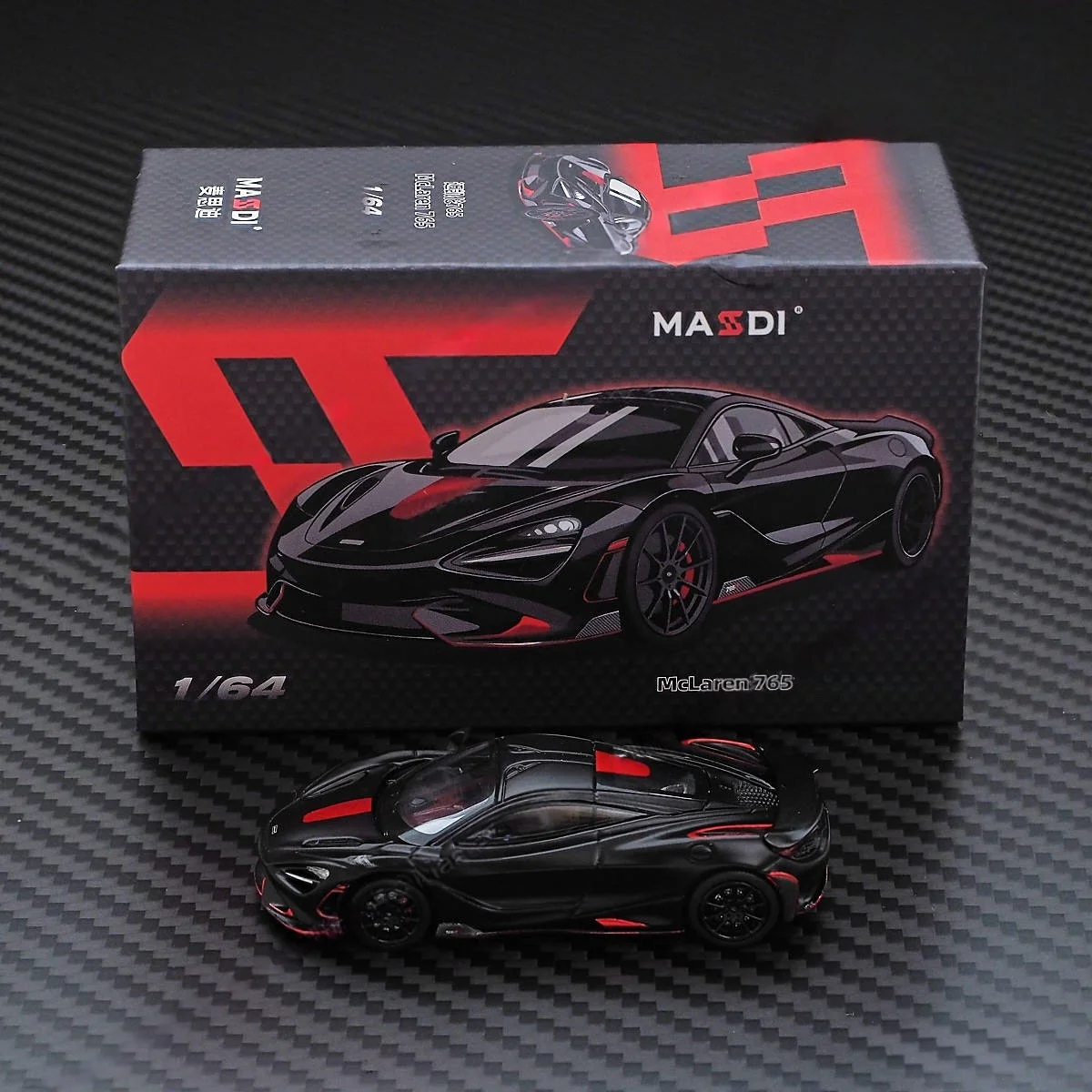 McLaren 765LT "Black Samurai" – Modelo de superdeportivo fundido a presión a escala 1:64 en aleación premium, edición de coleccionista exquisitamente detallada