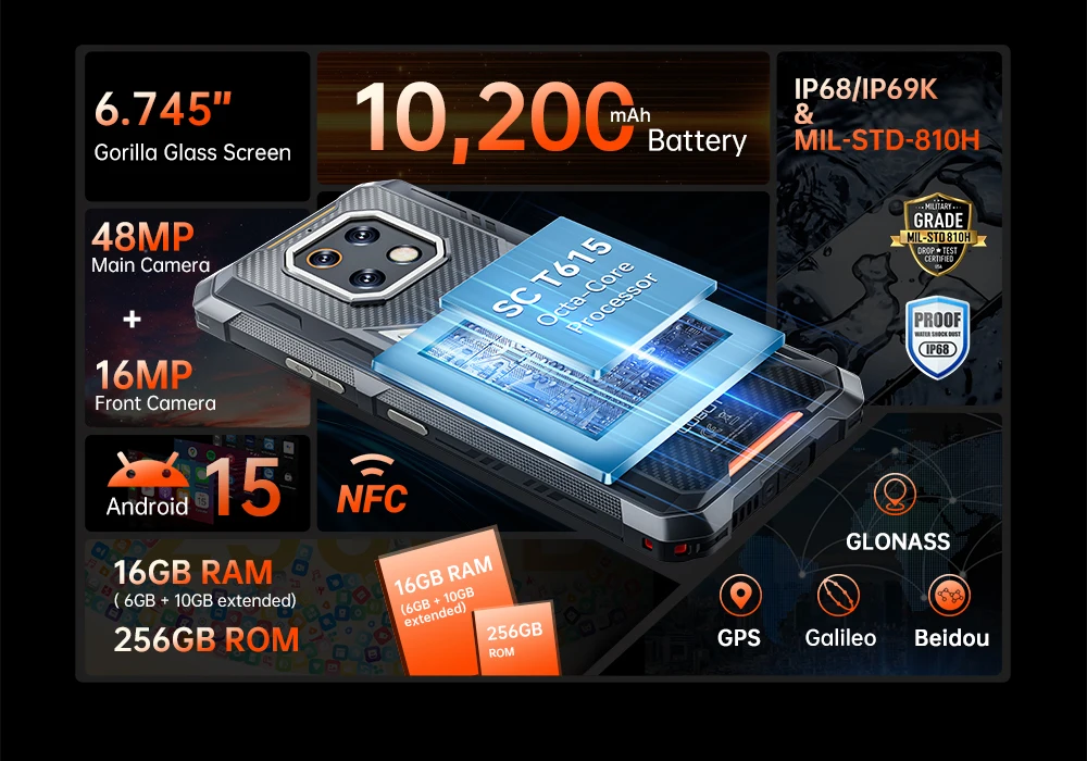 Cubot KingKong ES 3 Rugged Smartphone 16GB(6+10)+256GB Android 15 10200mAh 33W 6.745''120Hz 4G Mobile Phone NFC/GPS 48MP+16MP