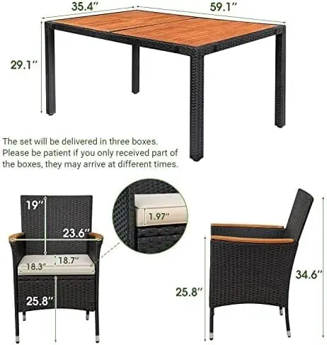 Devoko-Mesa de Jantar Set Com Acácia Madeira, Rattan Mobiliário Ao Ar Livre, Conjunto De Conversação Do Pátio, 7 Pcs