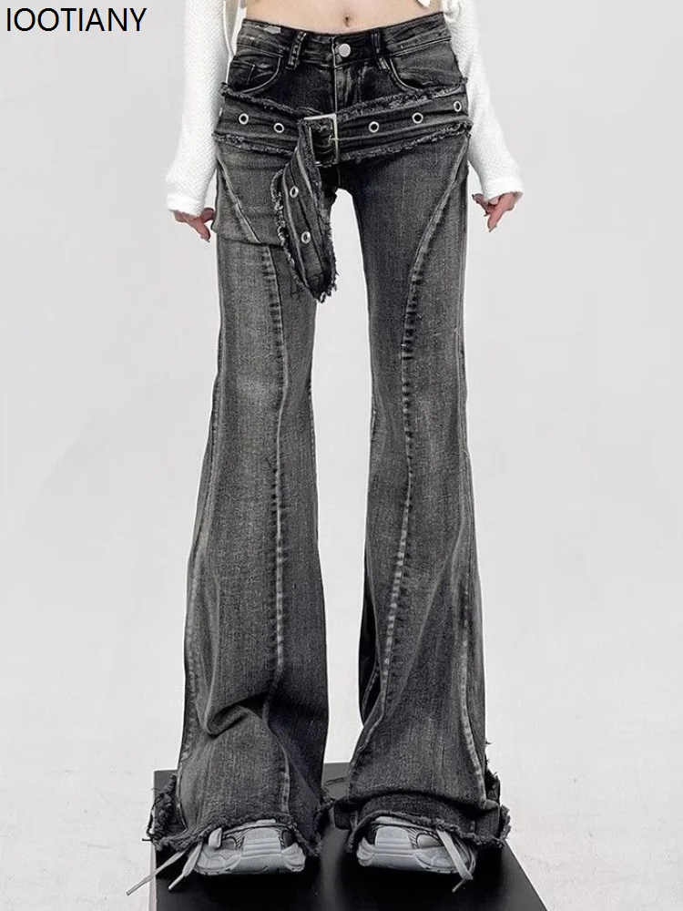 Goth Girl Y2k Retro Belt Design Women's Flared Jeans Washed And Distressed Grunge American Style Slim-fit Punk High Street Jeans