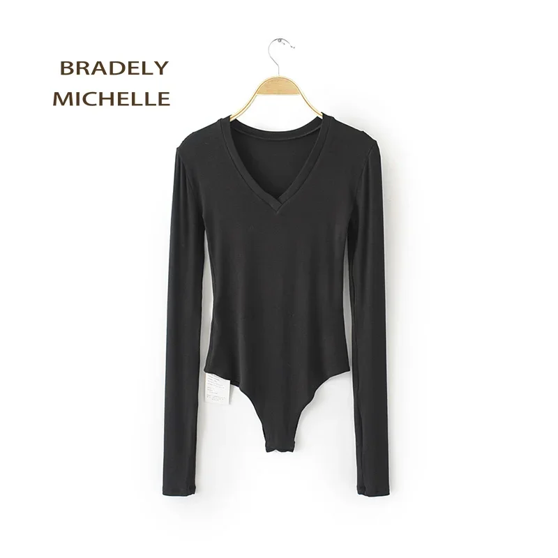 BRADELY MICHELLE Sexy Women Slim Long Sleeve V-neck Tops Cotton Knitted Bodysuits with Hidden Button Jumpsuis