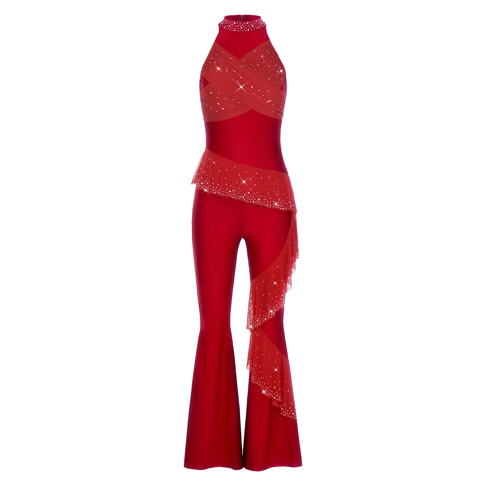

Women Modern Dance Jumpsuit Unitard Rhinestone Mesh Mock Neck Sleeveless Flared Bell Bottoms Romper for Rumba Disco Clubwear