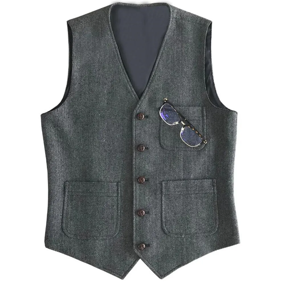 

Men's Business Suit Vest Slim Fit Herringbone Tweed Wedding Sleeveless Waistcoat