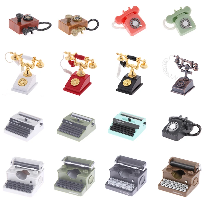 1:12 miniaturowe Vintage maszyna do pisania telefon metalowy Model do badania pracy salon meble do domku dla lalek zabawki lalki wystrój domu