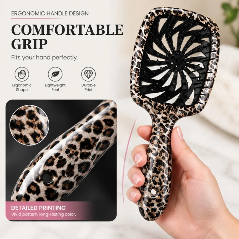 Leopard Print Hollow Hair Brush Detangler Scalp Massage Anti‑Static Hair Comb Wet Dry Styling Hairdressing Accessory With Box