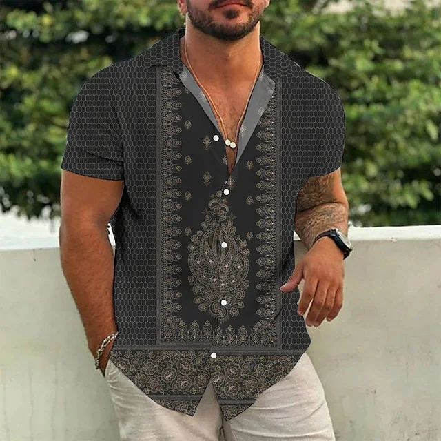 Men's Dark Ethnic Style Striped Breathable 3D Printed Shirt Short-sleeved Lapel Basic Hawaiian Beach Vacation Party Shirt Outer