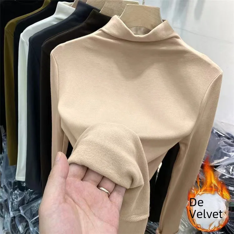 Double-sided Velvet Warm Base Shirt Women Autumn Winter Pure Color Top Women Flocking Slim Fit T-shirt Long Sleeve Clothing