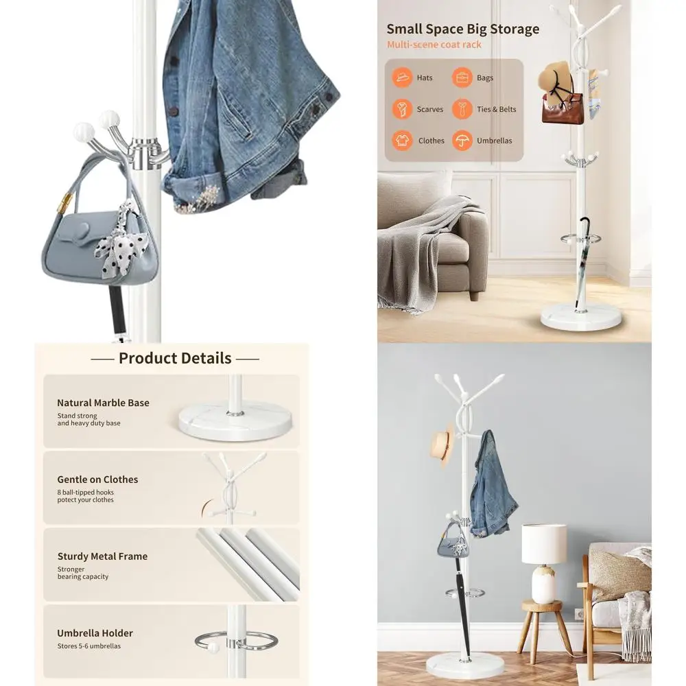 

Modern Marble Base Coat Stand with 10 Hooks and Umbrella Holder, White Freestanding Rack for Entryway and Office