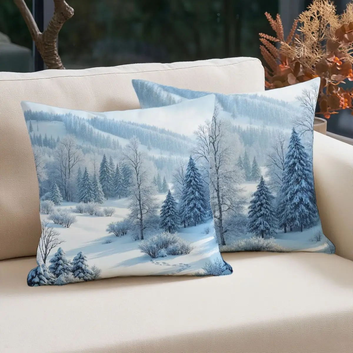4-قطعة وسادة مجموعة غطاء دون إدراج 45x45 سنتيمتر الشتاء المشهد أشجار ثلجية الجبال قابل للغسل ديكور المنزل ديكور عطلة