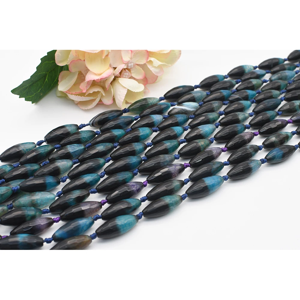 40x12mm Natural Faceted Black and Dark Blue Two color agate Oval stone For DIY necklace bracelet jewelry make 15 