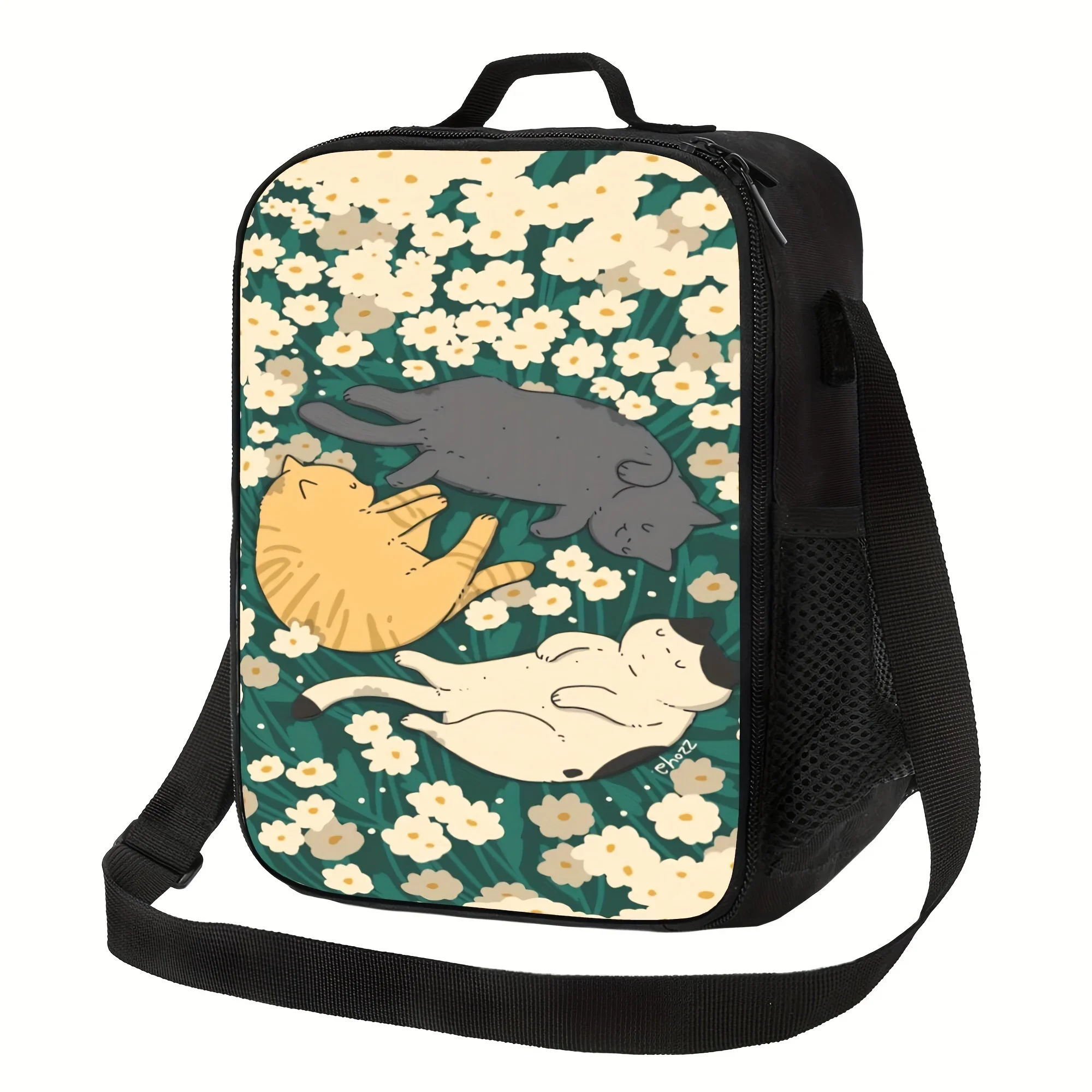 

1pc Cat Sleeping Pattern Insulated Lunch Bag, Polyester Rectangle Hand Washable, Animal Theme Portable Reusable