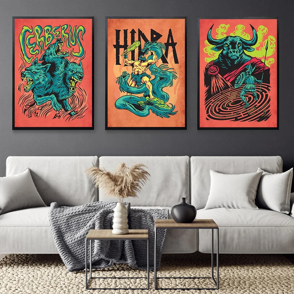 Athena Medusa Zeus Minotaur Poseidon Cerberus Greek Goddess Poster Print on Canvas Wall Art Painting for Living Room Home Decor