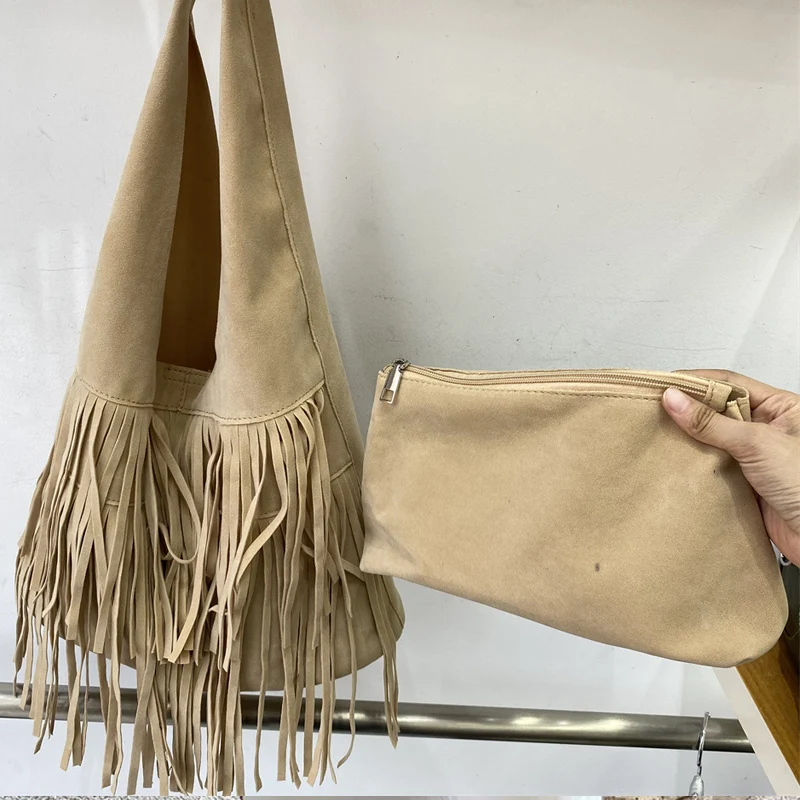 Bohemian Faux Suede Bucket Bags For Women Luxury Designer Handbags Purses 2024 New In Tassel With Inner Pocket Underarm Shoulder