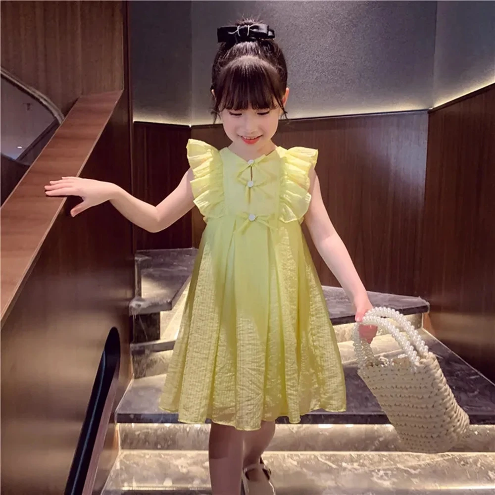 Girls Summer Dress Yellow Ruffles Sleeveless Dresses for Girls Solid Cute Princess Dress Children Girl Clothing Toddler Outfits