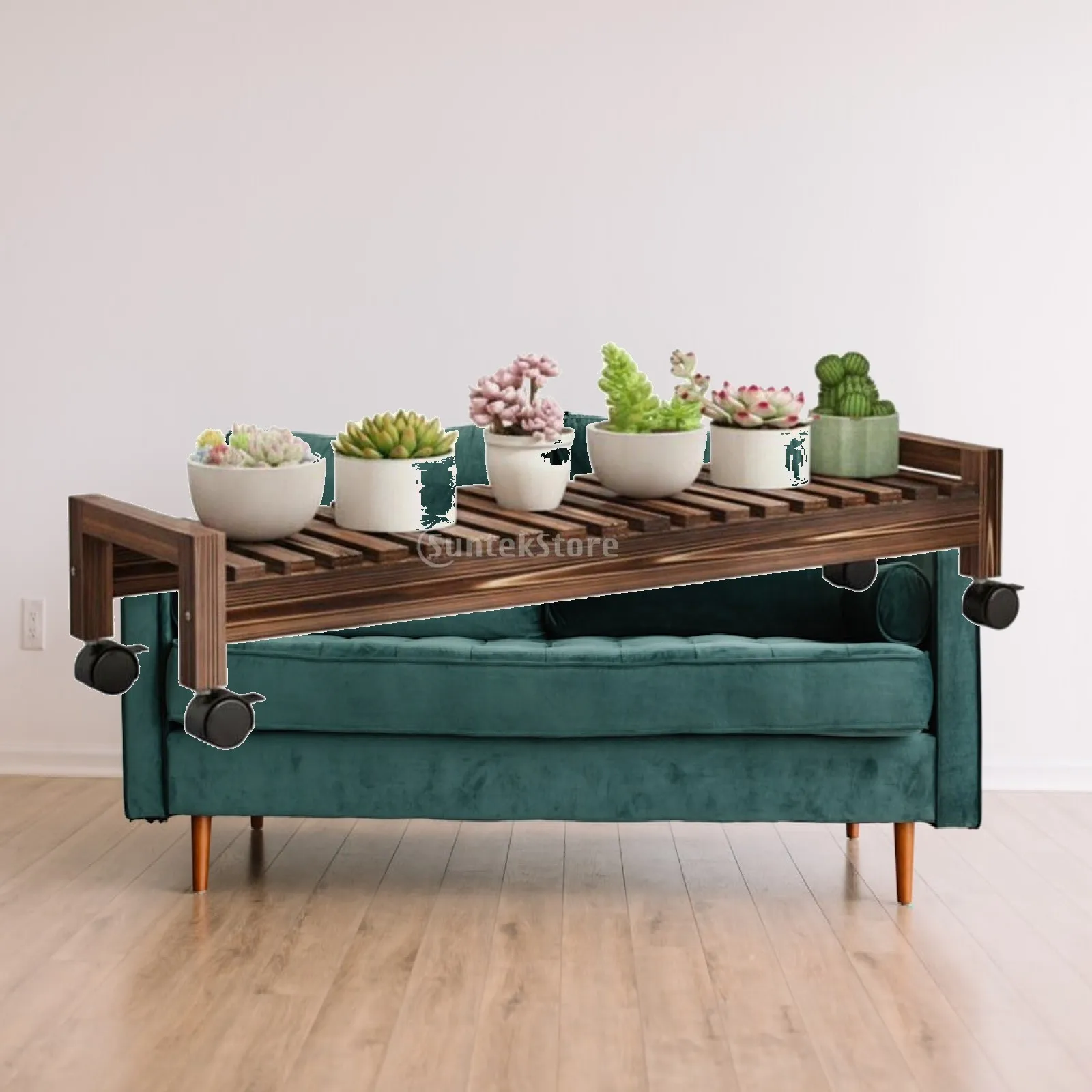 Durable Pine Flower Rack Waterproof Plant Holder Slatted Tabletop Display Shelf with Wheels for Garden Window