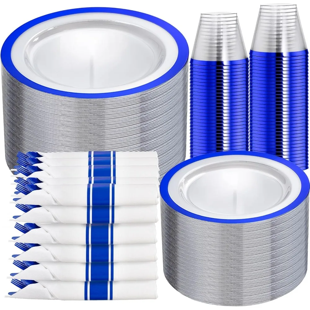 Platos de plástico azul oscuro, juego de vajilla desechable para 50 invitados, incluye platos de postre, vasos, servilletas y cubiertos