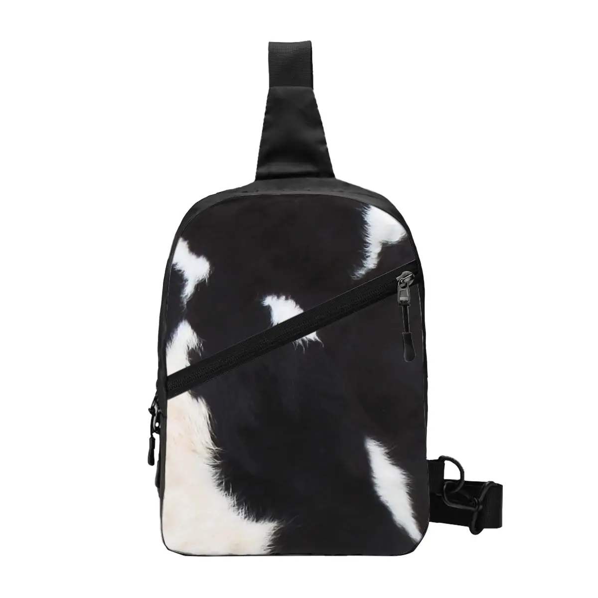 

Smooth Rustic Black Cow Hide Print Crossbody Sling Backpack Men Custom Animal Cowhide Texture Chest Shoulder Bag Daypack