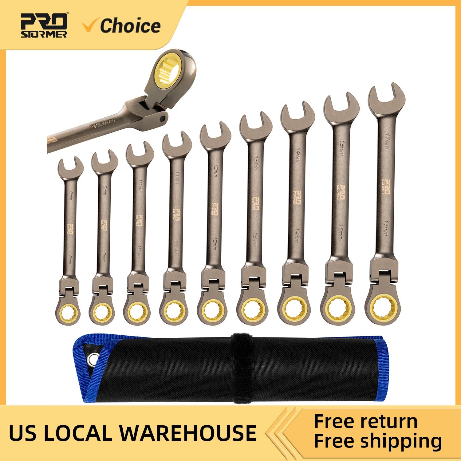 9-Piece Metric Flex Head Ratchet Wrench Set Nickel Plated Construction 8-17mm Swivel Head Ratchet  Wrench Set By Prostormer