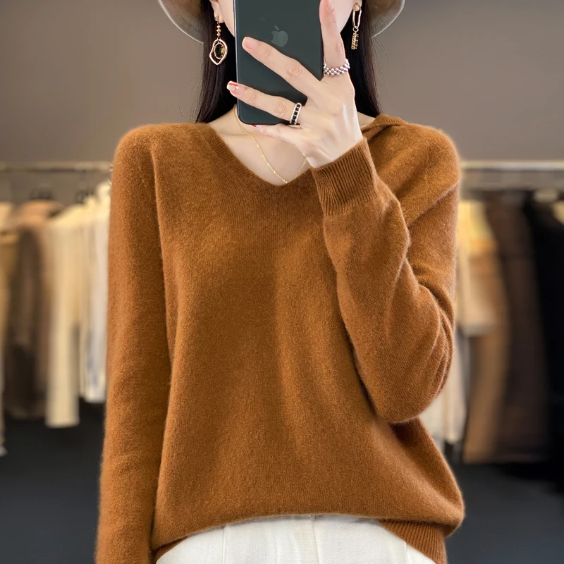 Pull à capuche en cachemire avec col en V pour femme, 100% laine mérinos, haut à capuche, vêtements d\'hiver et d\'automne