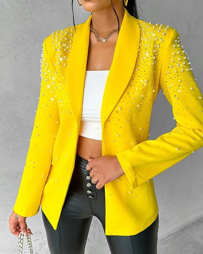 

Commuting Blazer Woman Autumn Winter Fashion Beaded Elegant Temperament Solid Long Sleeve Lapel Coat Office Lady Clothing