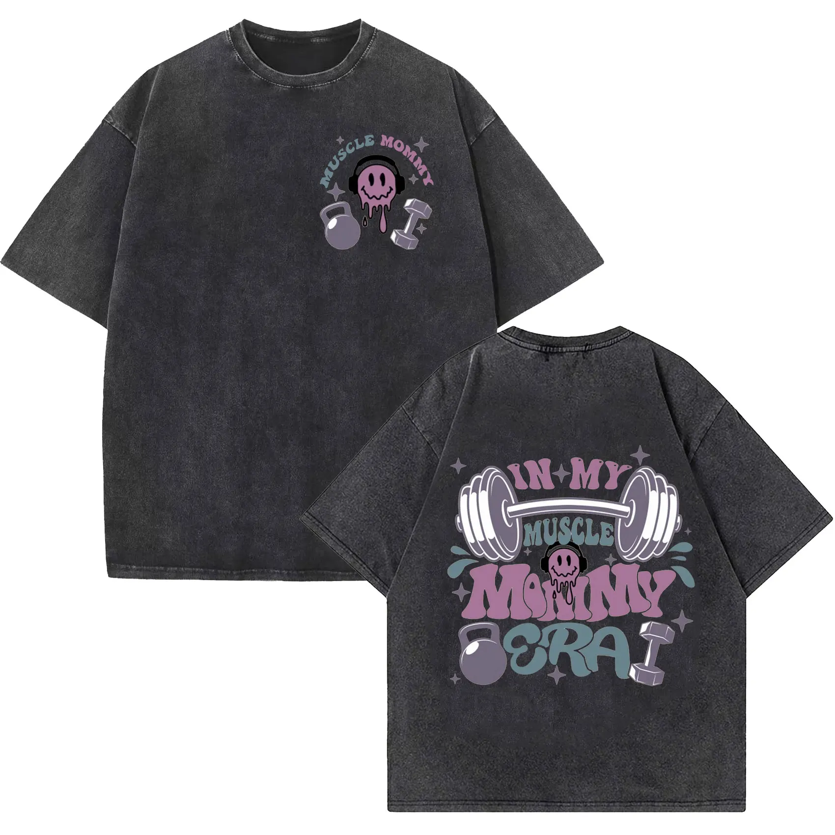 Vintage Acid Washed Distressed Short Sleeve Tee Unisex Summer Pastel Dumbbell Fitness Bubble Pattern Print Oversized Street Tops