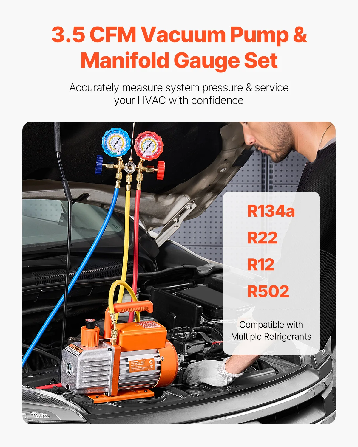 SucceBuy 3,5 CFM 4,5 CFM vacuümpomp en manometerset, eentraps draaischuif HVAC en slangen voor R134a R12 R22 R502a R410A R404 R407C