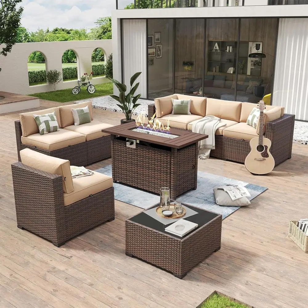 

8-Piece Outdoor Wicker Sectional Sofa Set with 44 Fire Pit Table and Waterproof Cushions, Beige
