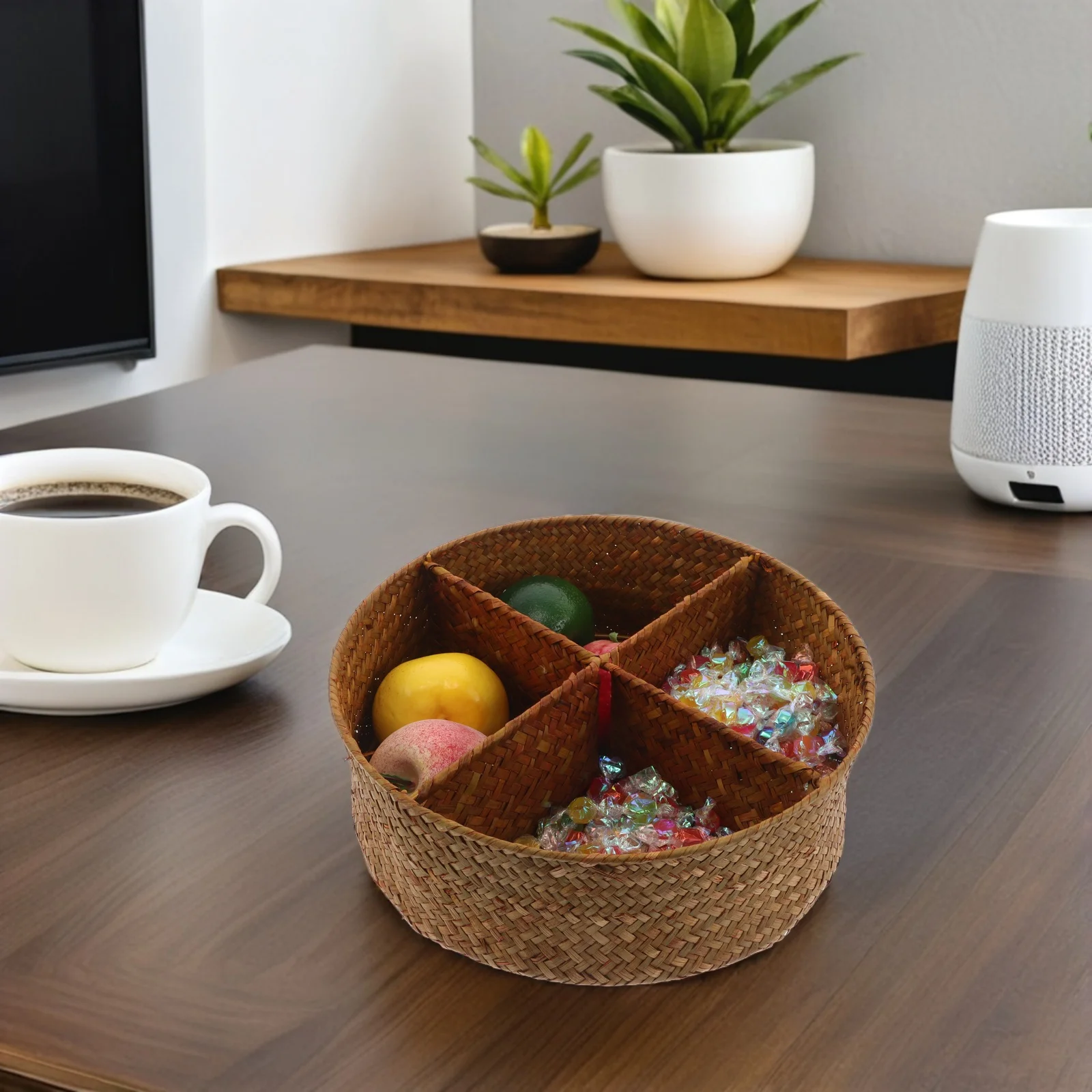 

Round Woven Rattan Storage Basket With Lid Desktop Organizer For Fruits Snacks Bread Natural Handmade Tray Kitchen Living Room