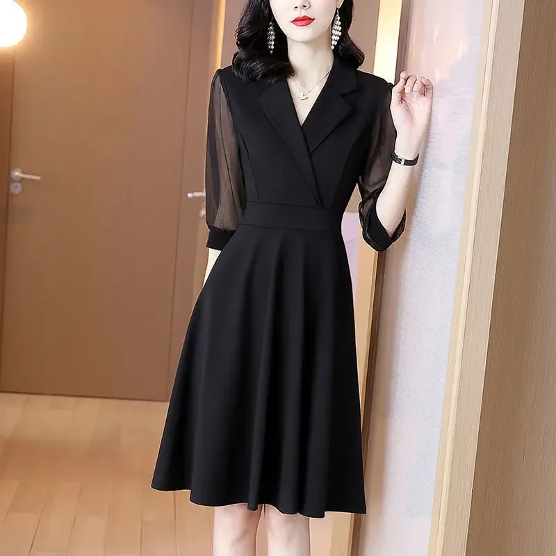 

Office Lady Solid Mesh Patchwork Dresses Summer Autumn Three Quarter Sleeve V-Neck Loose Tunic Midi Dress Women's Clothing P46