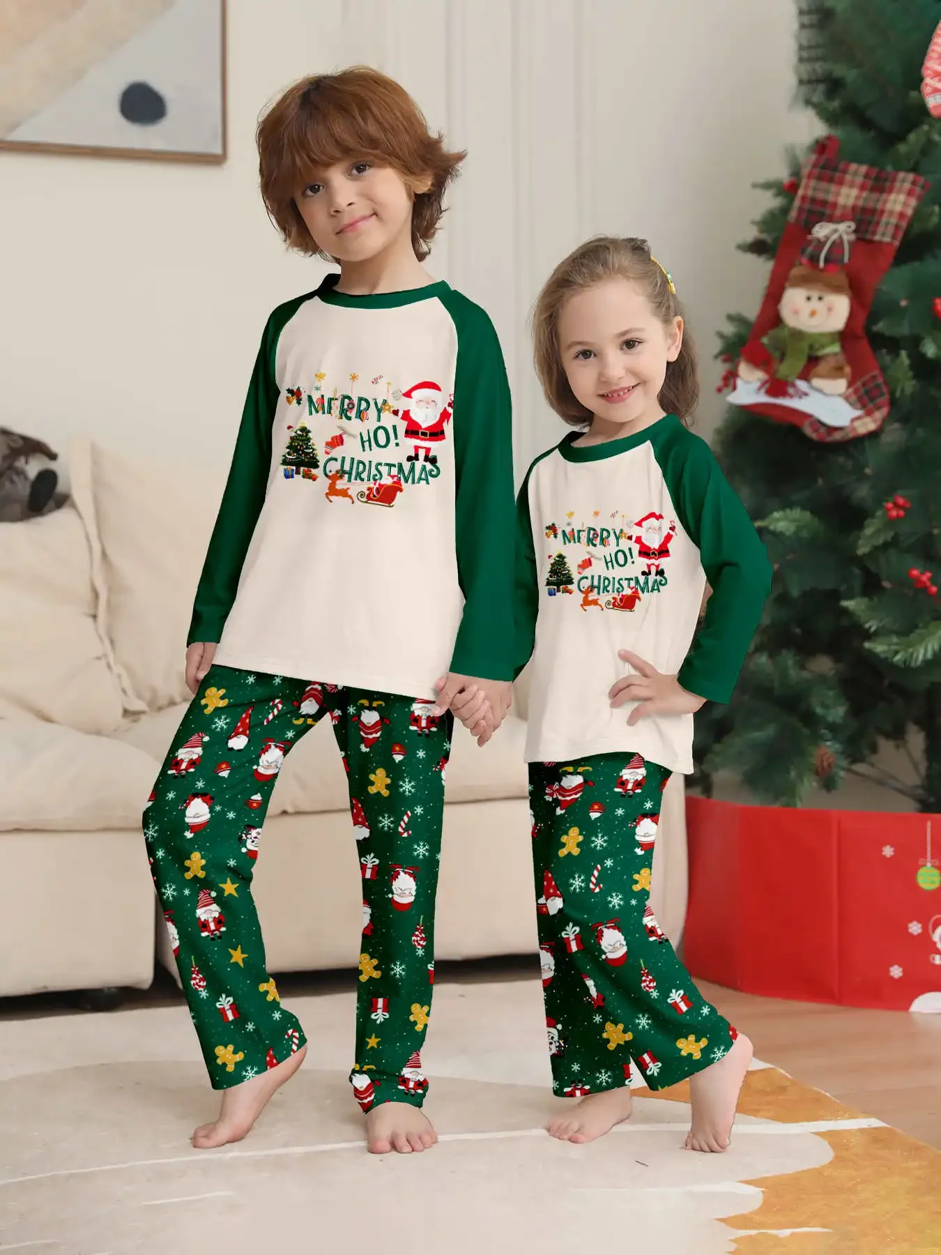 Ensemble de pyjama de noël familial imprimé à rayures vertes pour nouvel an, vêtements assortis pour la famille pour adultes et enfants, pyjama ample, nouvelle collection 2025