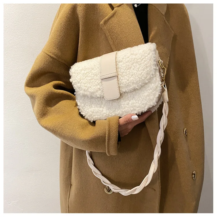 New Women\'s Shoulder Bag Messenger Weave Strap Saddle Armpit Bag High Quality Lamb Plush Fur Bag Designer Ladies Handbag