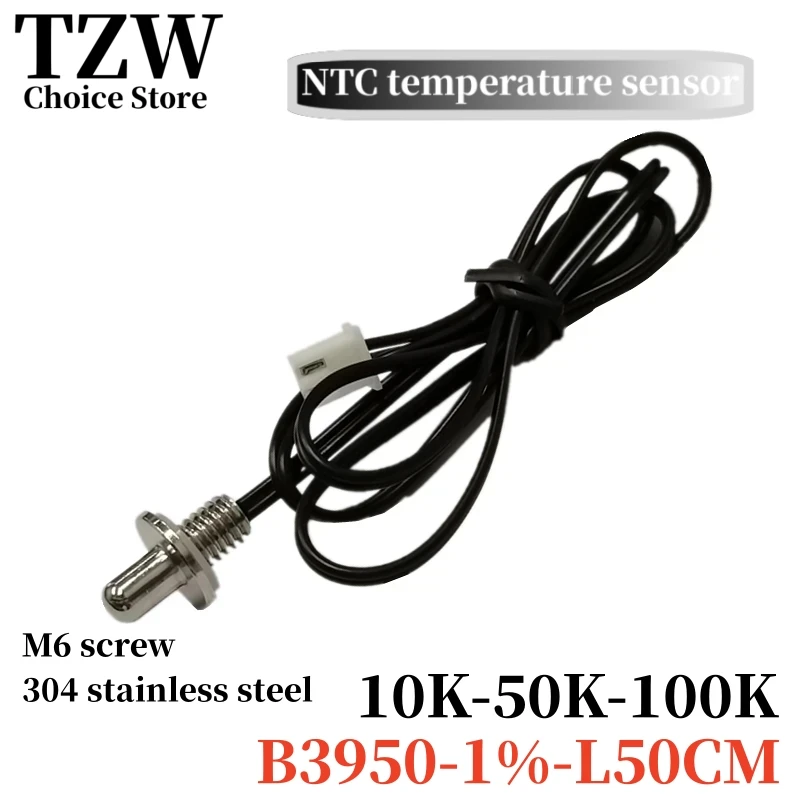 TZW M6 thread temperature sensor 304 stainless steel probe 10K 50K 100K B3950 NTC thermistor L50CM